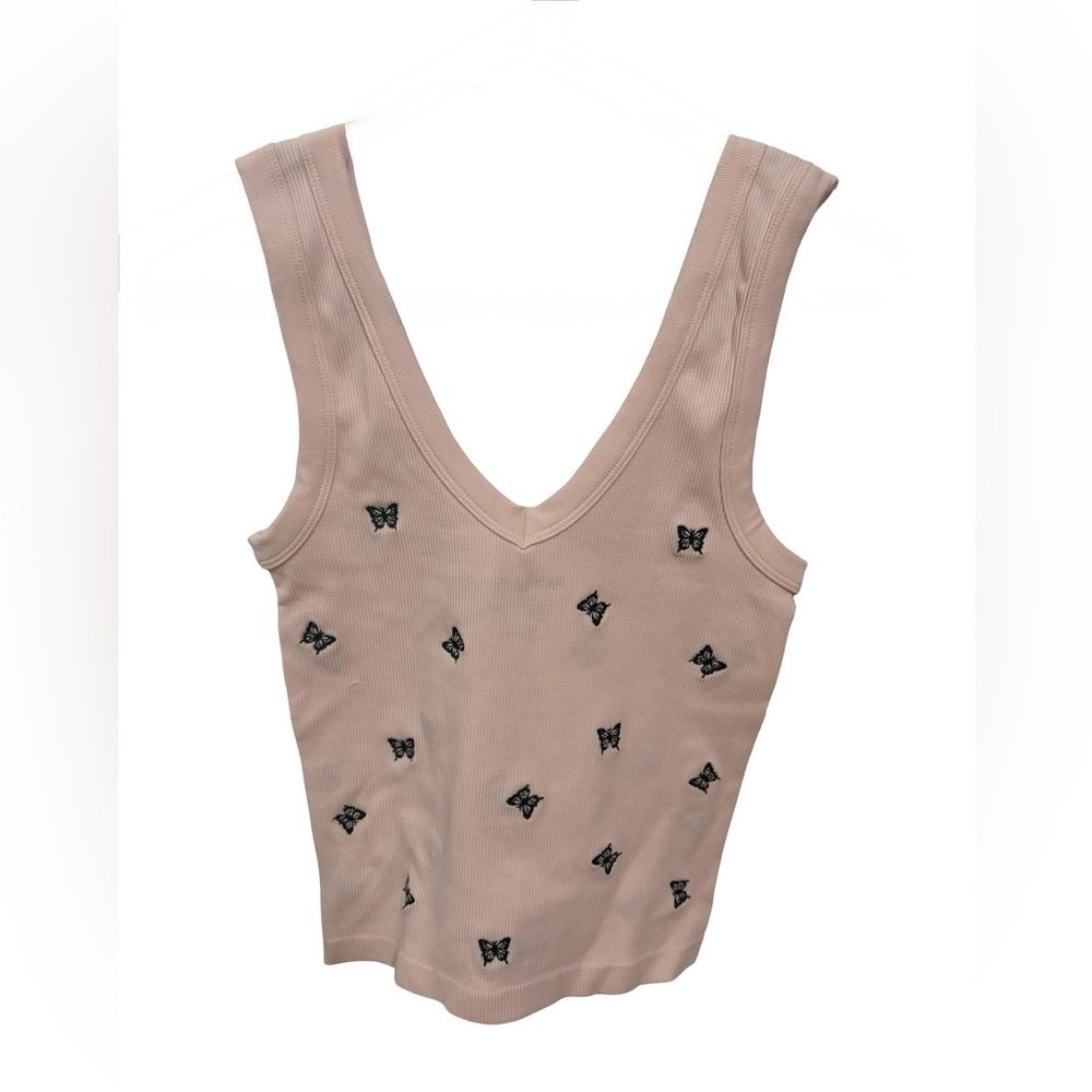 Harper Pink Ribbed V-Neck Tank Top with Black Butterfly Embroidery
